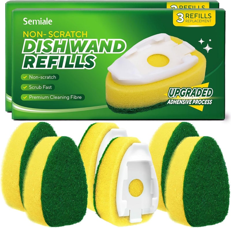 Semiale Non Scratch Dishwand Refills Sponge Heads, Heavy Duty Scrub Brush Sponges, Soap Dispensing Scrubbers, Common Compatible Dish Wand Refill Head Replacements for Kitchen Sink Dishwashing Cleaning - Image 1